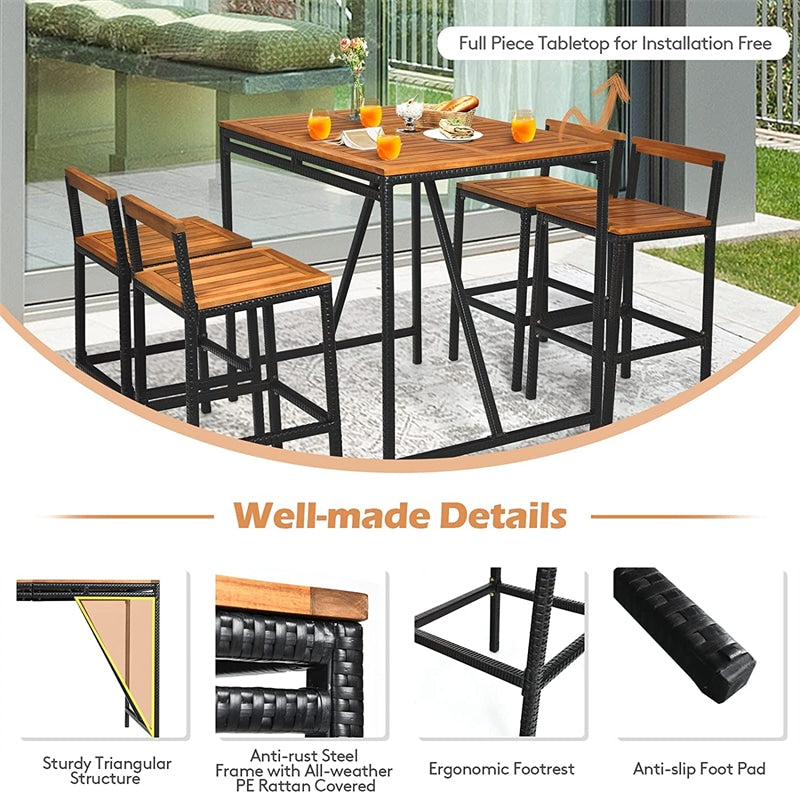 5 Piece Outdoor Acacia Wood Bar Height Dining Table Set with Umbrella Hole