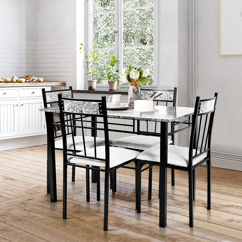 5 Piece Faux Marble Dining Table Set with Metal Frame and Padded Seat