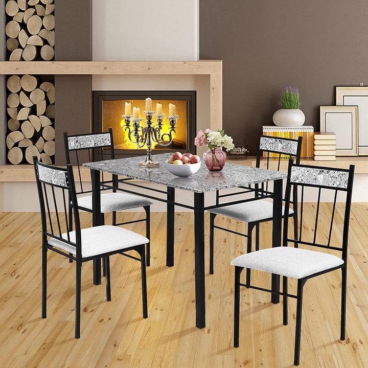 5 Piece Faux Marble Dining Table Set with Metal Frame and Padded Seat