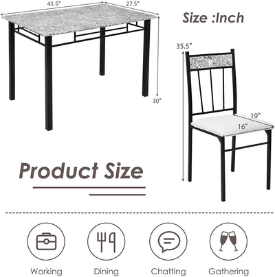 5 Piece Faux Marble Dining Table Set with Metal Frame and Padded Seat