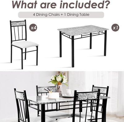 5 Piece Faux Marble Dining Table Set with Metal Frame and Padded Seat