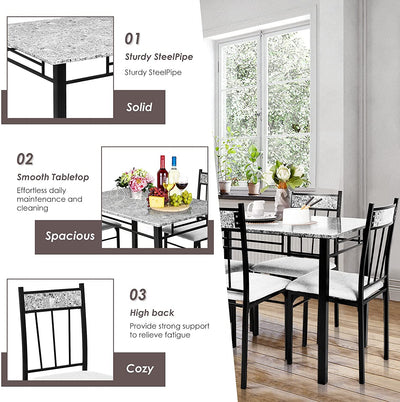 5 Piece Faux Marble Dining Table Set with Metal Frame and Padded Seat