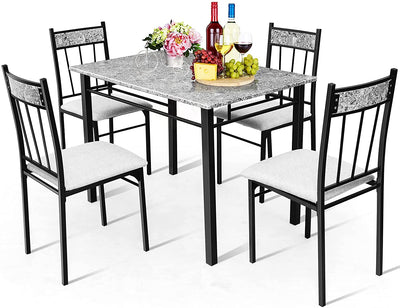 5 Piece Faux Marble Dining Table Set with Metal Frame and Padded Seat