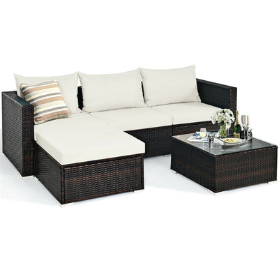 5 Piece Outdoor Rattan Furniture Sets Patio Conversation Sectional Sofa Set with Cushion