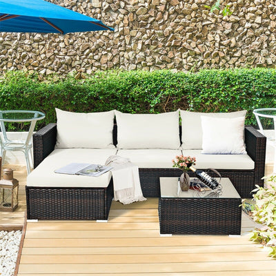 5 Piece Outdoor Rattan Furniture Sets Patio Conversation Sectional Sofa Set with Cushion