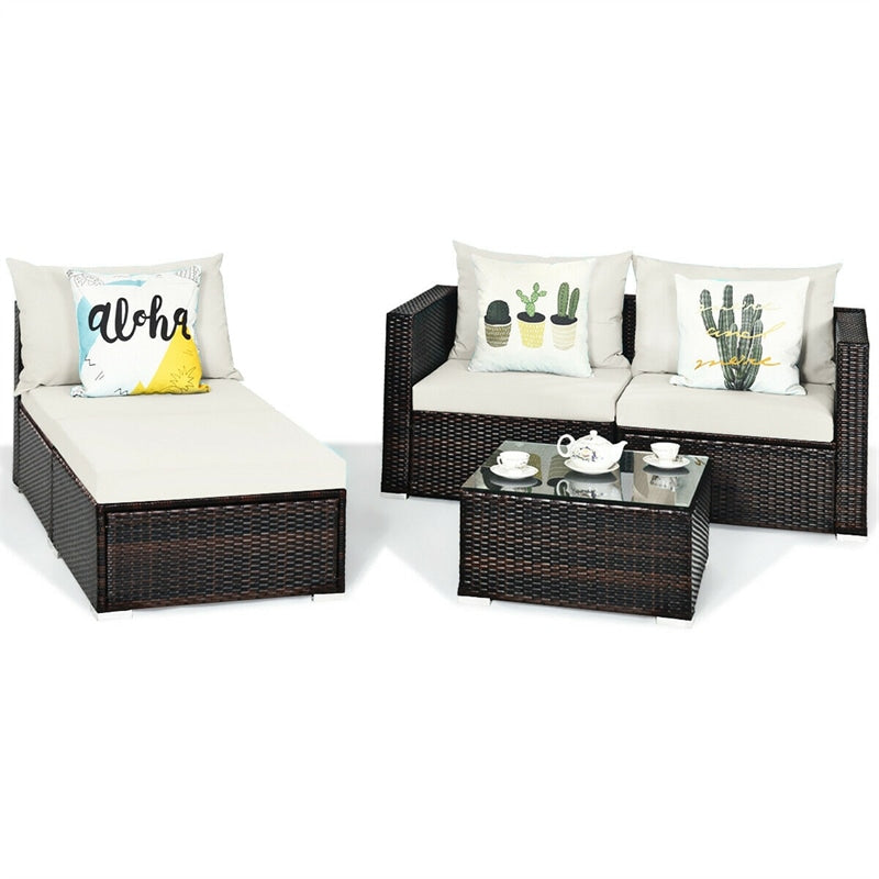 5 Piece Outdoor Rattan Furniture Sets Patio Conversation Sectional Sofa Set with Cushion