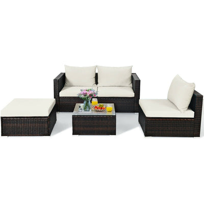 5 Piece Outdoor Rattan Furniture Sets Patio Conversation Sectional Sofa Set with Cushion
