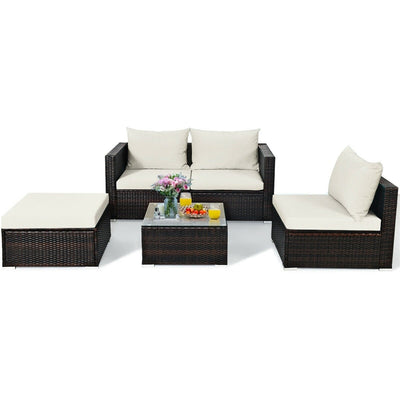 5 Piece Outdoor Rattan Furniture Sets Patio Conversation Sectional Sofa Set with Cushion