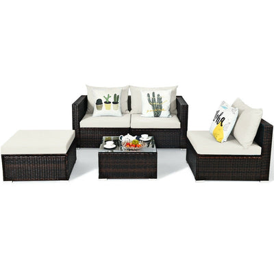 5 Piece Outdoor Rattan Furniture Sets Patio Conversation Sectional Sofa Set with Cushion