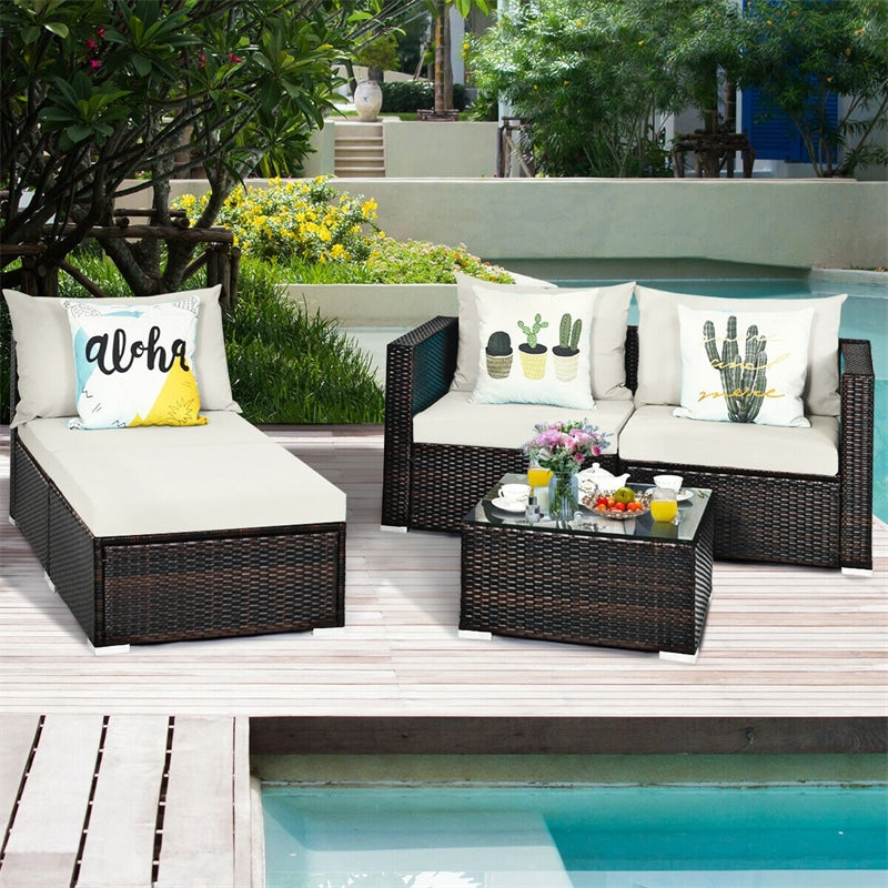 5 Piece Outdoor Rattan Furniture Sets Patio Conversation Sectional Sofa Set with Cushion