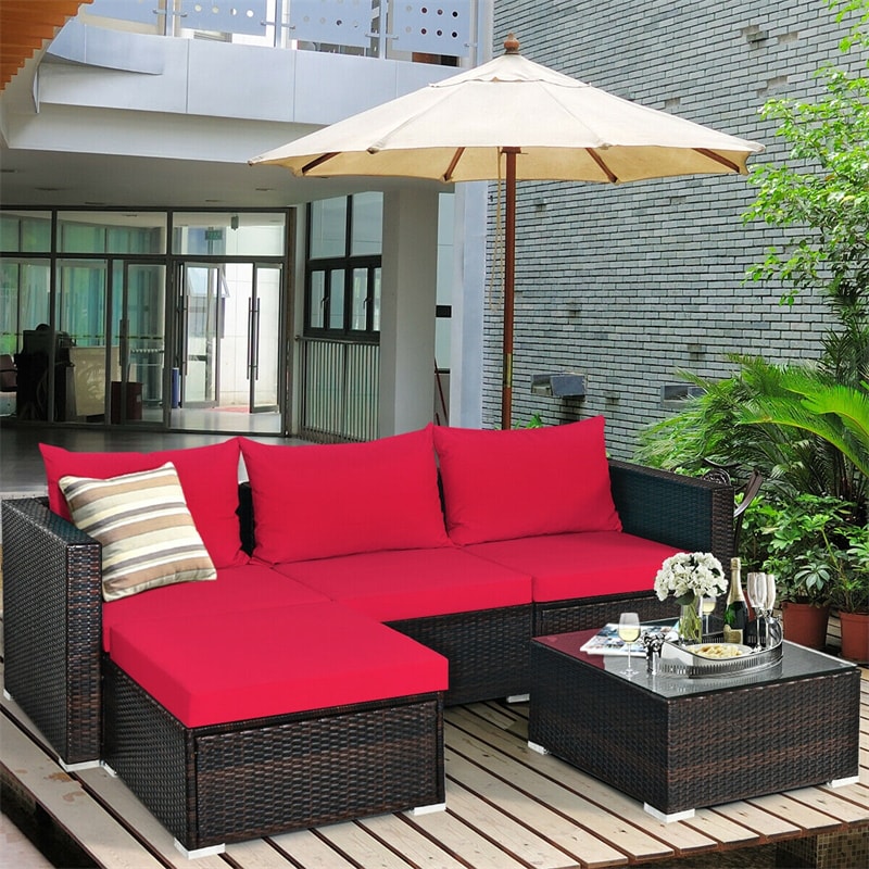 5 Piece Outdoor Rattan Furniture Sets Patio Conversation Sectional Sofa Set with Cushion