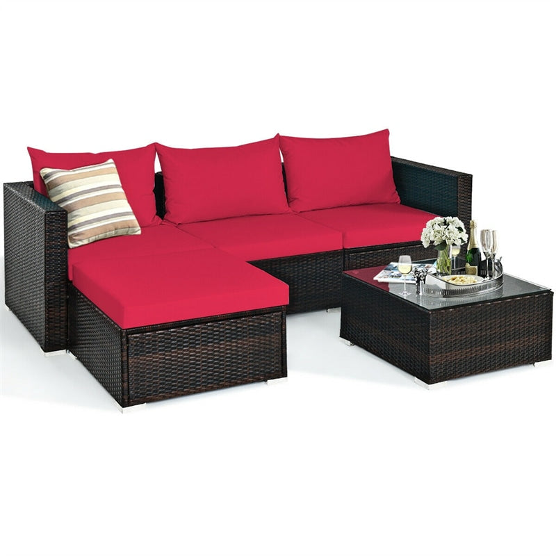 5 Piece Outdoor Rattan Furniture Sets Patio Conversation Sectional Sofa Set with Cushion