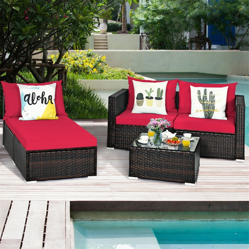 5 Piece Outdoor Rattan Furniture Sets Patio Conversation Sectional Sofa Set with Cushion