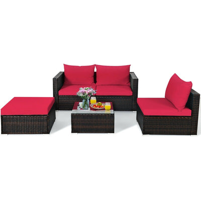 5 Piece Outdoor Rattan Furniture Sets Patio Conversation Sectional Sofa Set with Cushion