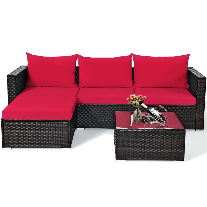 5 Piece Outdoor Rattan Furniture Sets Patio Conversation Sectional Sofa Set with Cushion