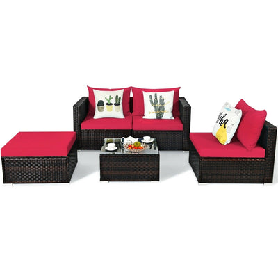 5 Piece Outdoor Rattan Furniture Sets Patio Conversation Sectional Sofa Set with Cushion