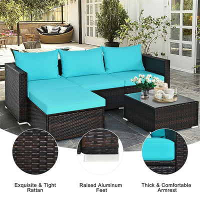 5 Piece Outdoor Rattan Furniture Sets Patio Conversation Sectional Sofa Set with Cushion