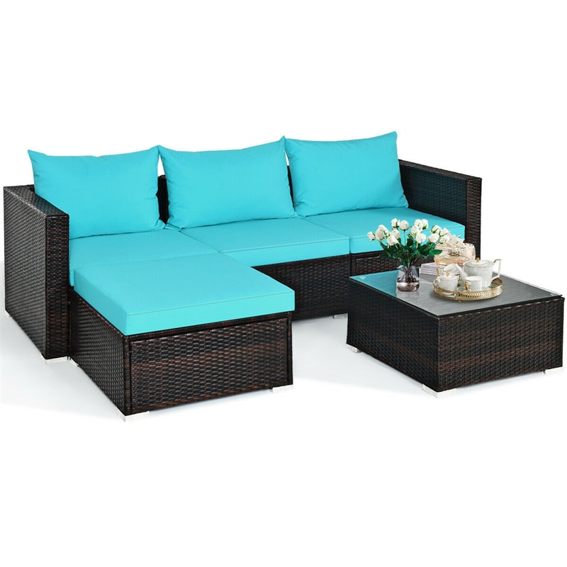 5 Piece Outdoor Rattan Furniture Sets Patio Conversation Sectional Sofa Set with Cushion