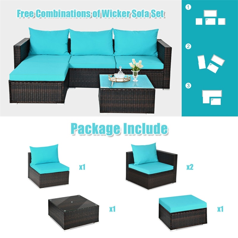 5 Piece Outdoor Rattan Furniture Sets Patio Conversation Sectional Sofa Set with Cushion