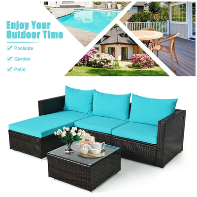 5 Piece Outdoor Rattan Furniture Sets Patio Conversation Sectional Sofa Set with Cushion