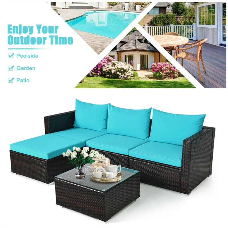 5 Piece Outdoor Rattan Furniture Sets Patio Conversation Sectional Sofa Set with Cushion