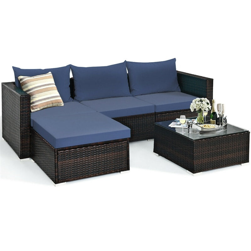 5 Piece Outdoor Rattan Furniture Sets Patio Conversation Sectional Sofa Set with Cushion