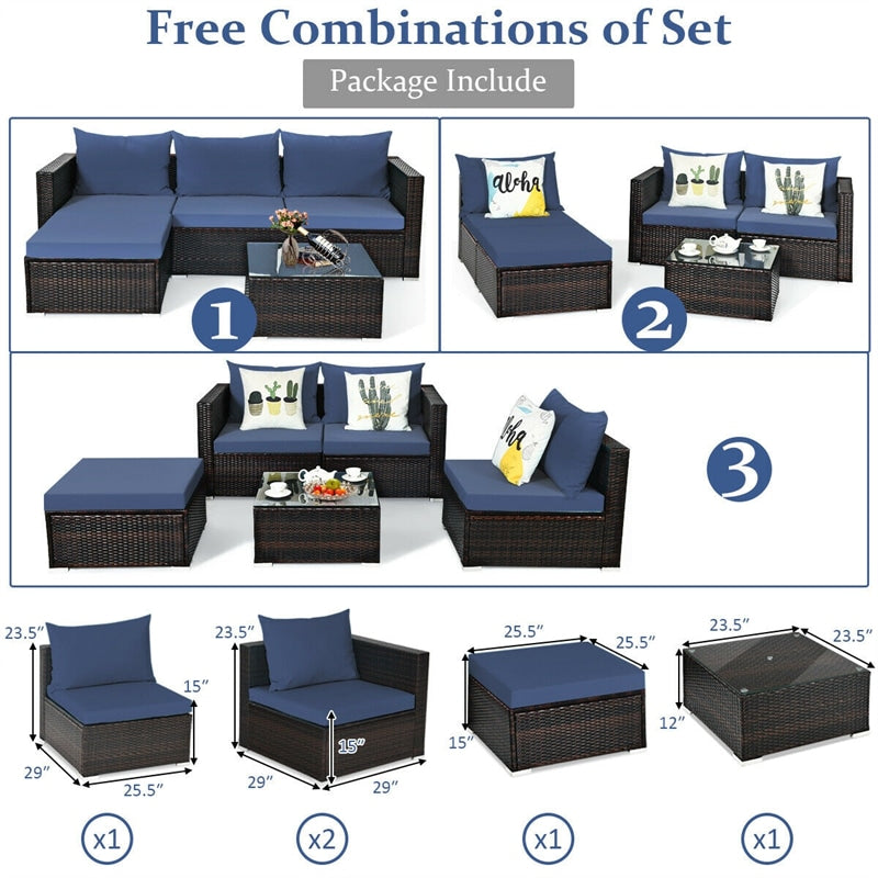 5 Piece Outdoor Rattan Furniture Sets Patio Conversation Sectional Sofa Set with Cushion