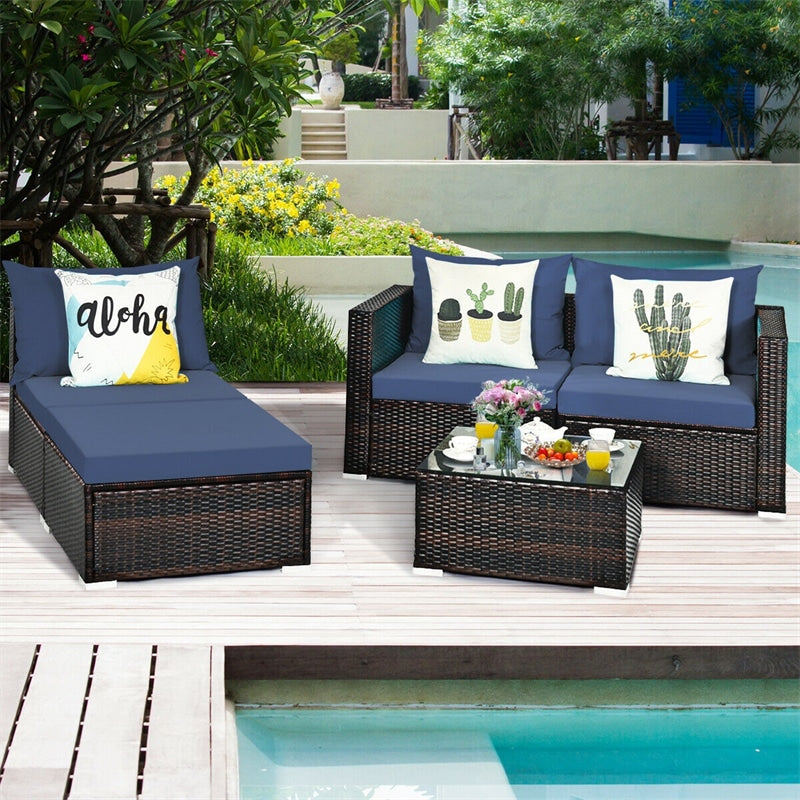 5 Piece Outdoor Rattan Furniture Sets Patio Conversation Sectional Sofa Set with Cushion