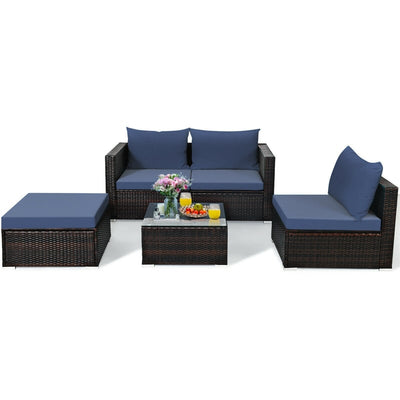 5 Piece Outdoor Rattan Furniture Sets Patio Conversation Sectional Sofa Set with Cushion