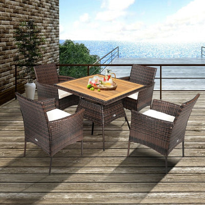 5 Pieces Outdoor Acacia Wood Dining Table Set with Cushions and Umbrella Hole