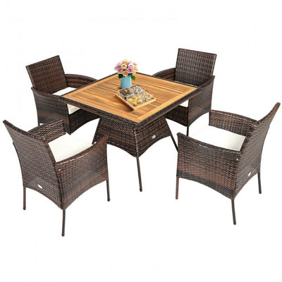 5 Pieces Outdoor Acacia Wood Dining Table Set with Cushions and Umbrella Hole