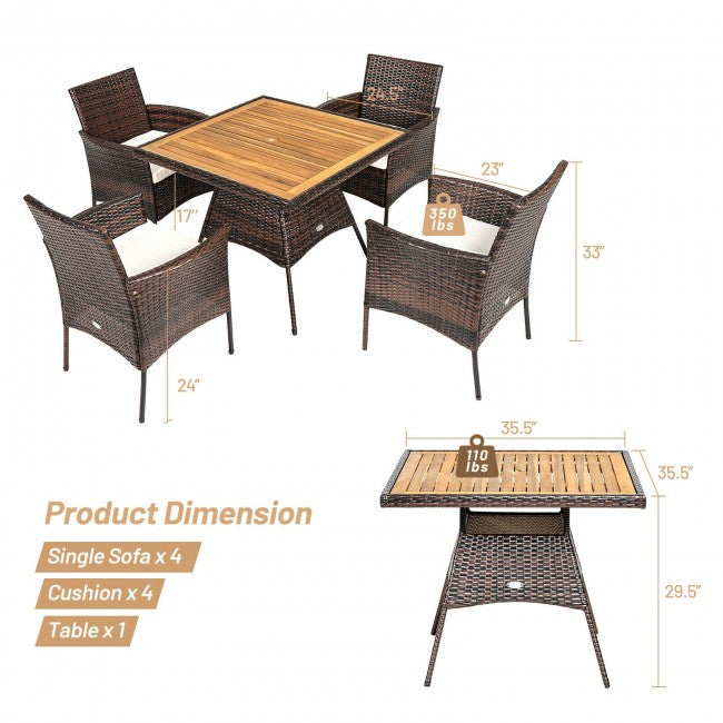 5 Pieces Outdoor Acacia Wood Dining Table Set with Cushions and Umbrella Hole