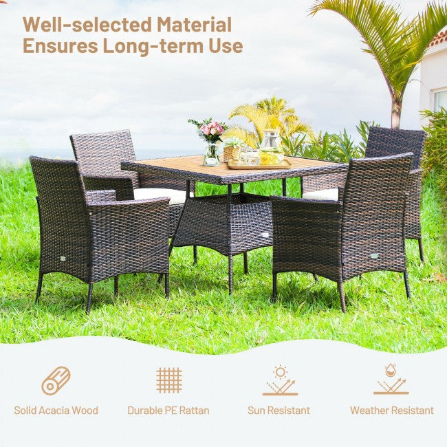 5 Pieces Outdoor Acacia Wood Dining Table Set with Cushions and Umbrella Hole