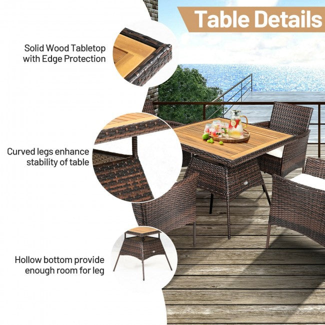 5 Pieces Outdoor Acacia Wood Dining Table Set with Cushions and Umbrella Hole