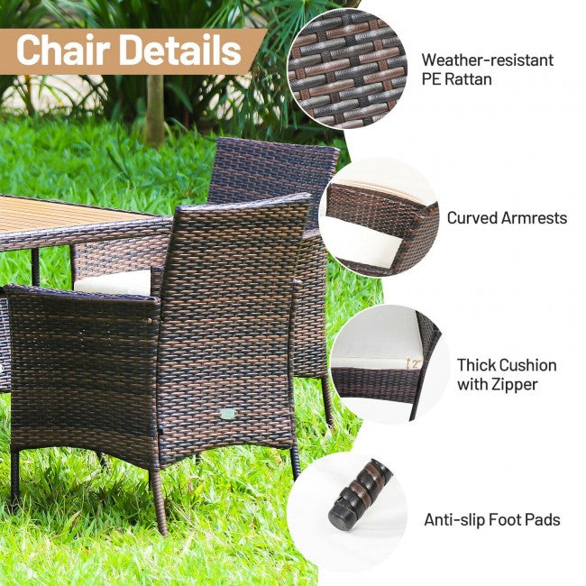 5 Pieces Outdoor Acacia Wood Dining Table Set with Cushions and Umbrella Hole