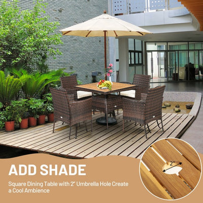 5 Pieces Outdoor Acacia Wood Dining Table Set with Cushions and Umbrella Hole