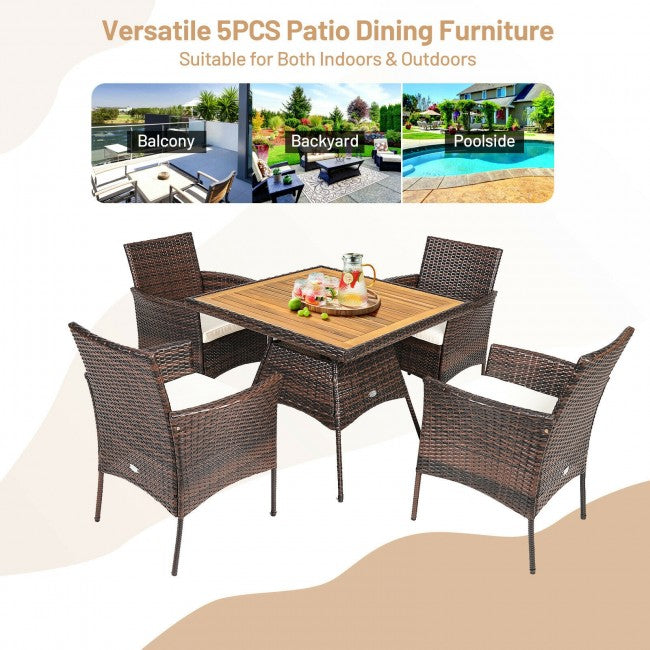 5 Pieces Outdoor Acacia Wood Dining Table Set with Cushions and Umbrella Hole