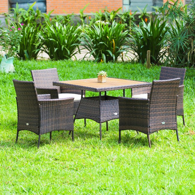 5 Pieces Outdoor Acacia Wood Dining Table Set with Cushions and Umbrella Hole