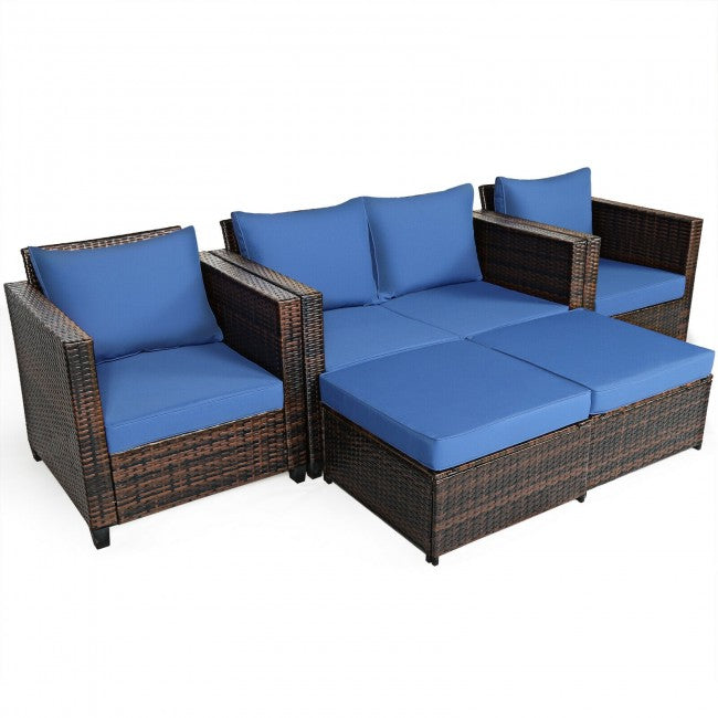 5 Pieces Outdoor Rattan Furniture Set Patio Conversation Sectional Sofa Set with Ottomans