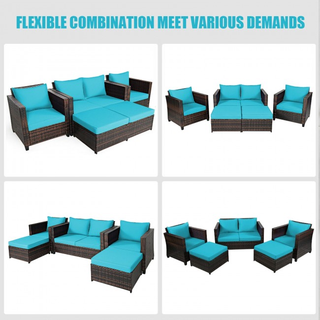 5 Pieces Outdoor Rattan Furniture Set Patio Conversation Sectional Sofa Set with Ottomans
