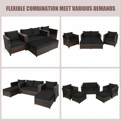 5 Pieces Outdoor Rattan Furniture Set Patio Conversation Sectional Sofa Set with Ottomans