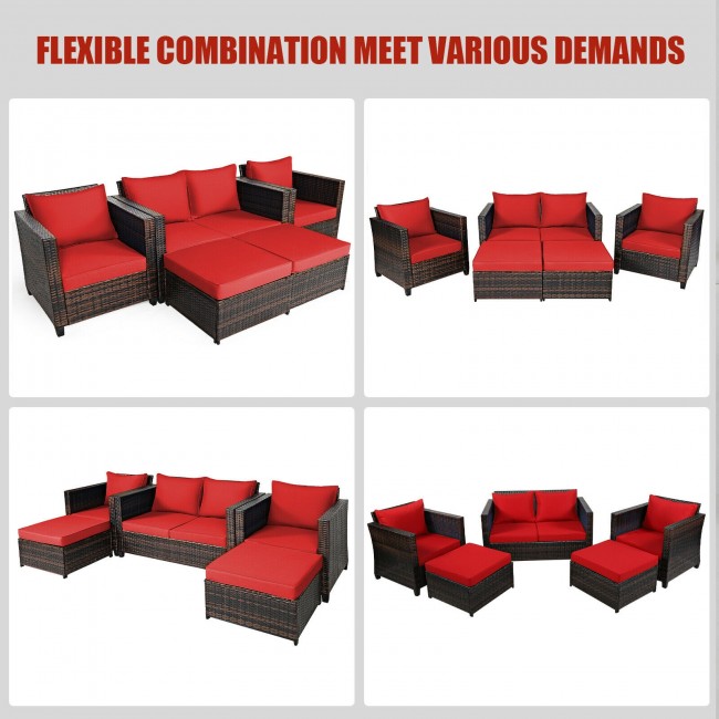 5 Pieces Outdoor Rattan Furniture Set Patio Conversation Sectional Sofa Set with Ottomans