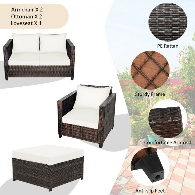 5 Pieces Outdoor Rattan Furniture Set Patio Conversation Sectional Sofa Set with Ottomans