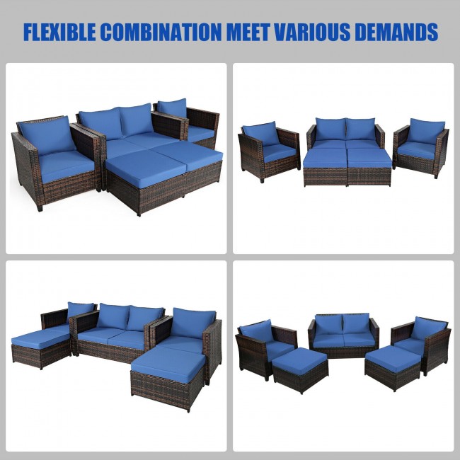 5 Pieces Outdoor Rattan Furniture Set Patio Conversation Sectional Sofa Set with Ottomans