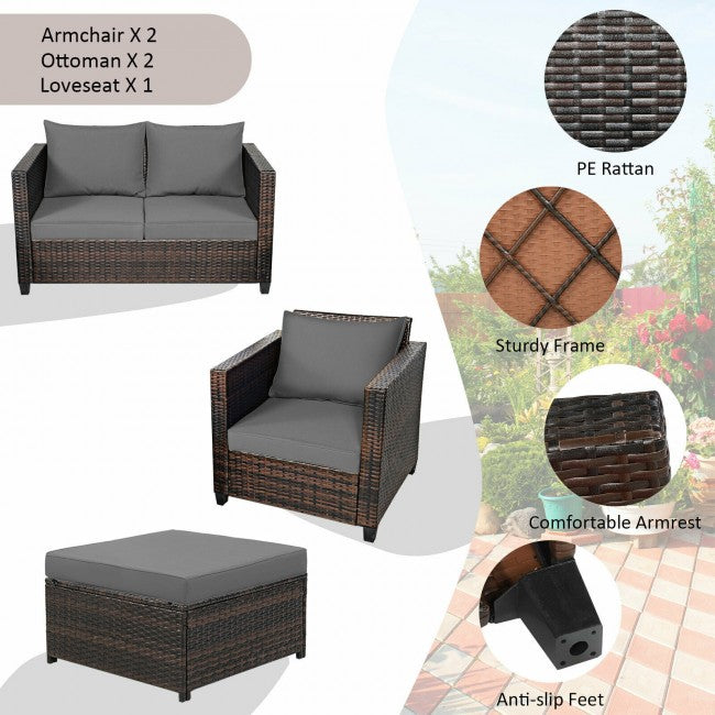 5 Pieces Outdoor Rattan Furniture Set Patio Conversation Sectional Sofa Set with Ottomans