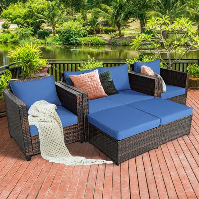 5 Pieces Outdoor Rattan Furniture Set Patio Conversation Sectional Sofa Set with Ottomans