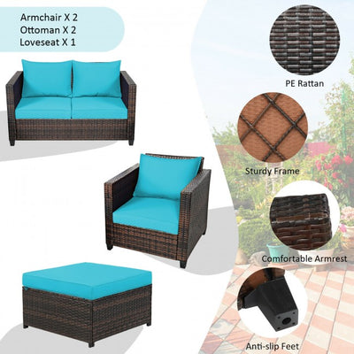 5 Pieces Outdoor Rattan Furniture Set Patio Conversation Sectional Sofa Set with Ottomans