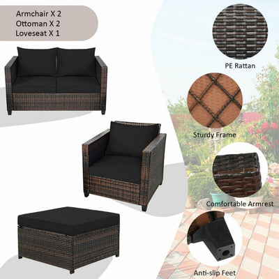 5 Pieces Outdoor Rattan Furniture Set Patio Conversation Sectional Sofa Set with Ottomans