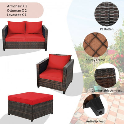 5 Pieces Outdoor Rattan Furniture Set Patio Conversation Sectional Sofa Set with Ottomans