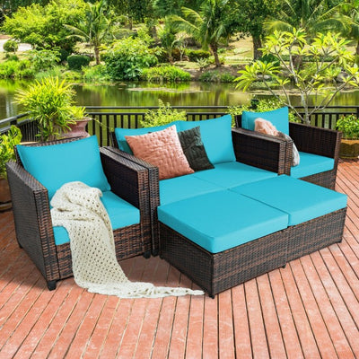 5 Pieces Outdoor Rattan Furniture Set Patio Conversation Sectional Sofa Set with Ottomans